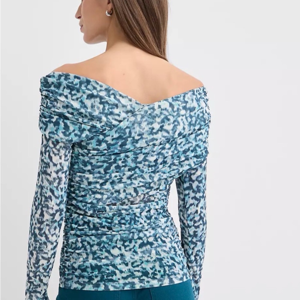 LOFT Off-Shoulder Blue Patterned Mesh Top - Picture 2 of 3